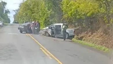 Colisão frontal entre carro e caminhonete deixa veículos destruídos na Go-020
