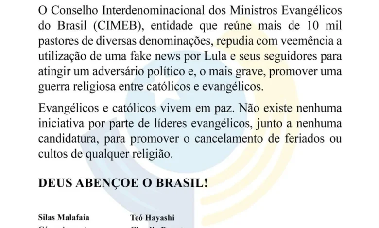 Conselho de pastores acusa campanha de Lula de incitar guerra religiosa com fake news