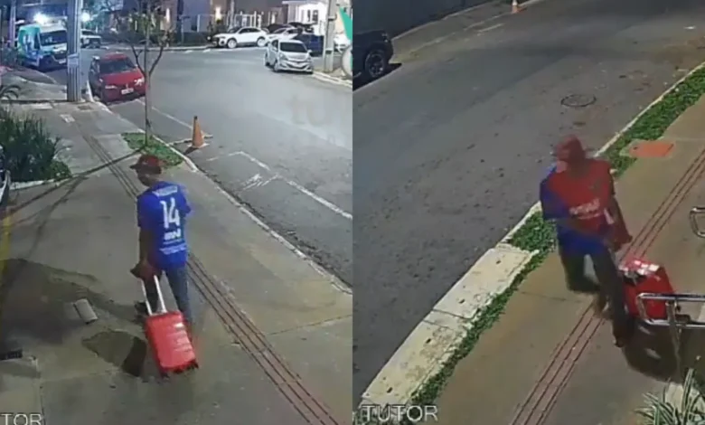 Furto de mala em calçada do Setor Oeste é registrado por câmeras de segurança