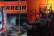 Incêndio de grandes proporções consome ferragista e atinge comércios em Goiânia
