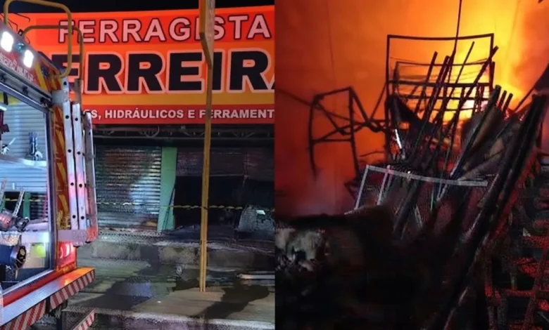 Incêndio de grandes proporções consome ferragista e atinge comércios em Goiânia