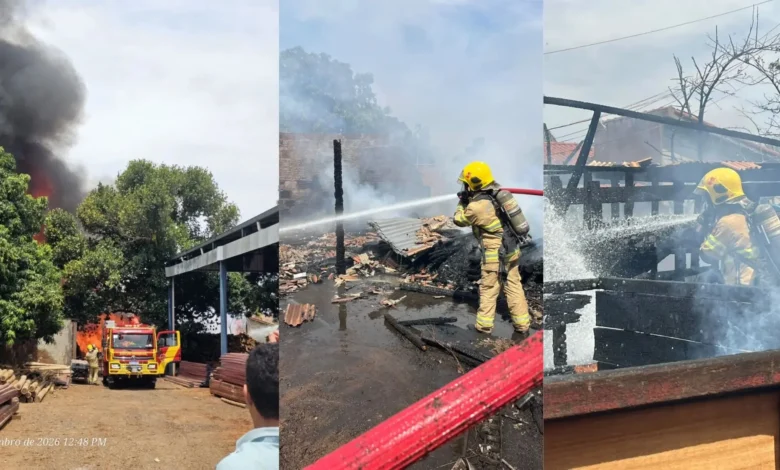 Incêndio de grandes proporções consome madeireira e mobiliza bombeiros em Caçu