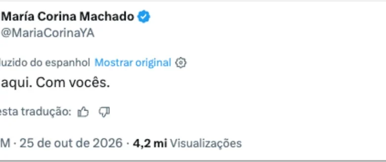 Após 10 meses no exterior María Corina Machado retorna à Venezuela e promete nova fase