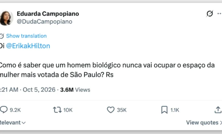 Eduarda Campopiano provoca Erika Hilton em postagem sobre votação recorde em São Paulo