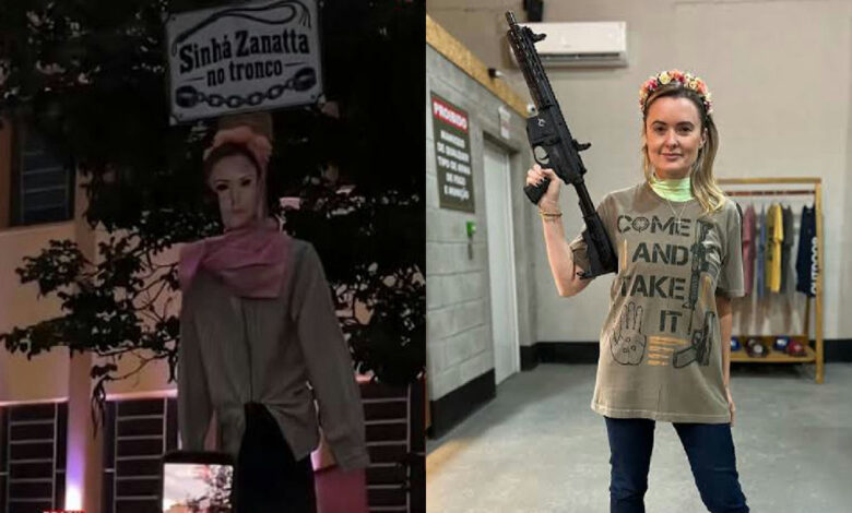 Júlia Zanatta reage após boneco com seu rosto ser açoitado em praça pública