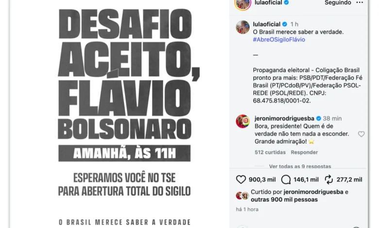 Lula convida Flávio Bolsonaro para abertura de sigilos na sede do TSE