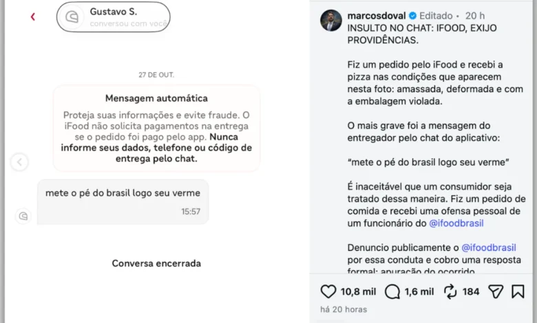 Marcos do Val cobra providências do iFood após receber pizza danificada e ofensa de entregador